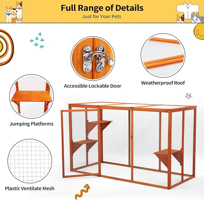 Catio Outdoor Cat Enclosure, 71" Large Catios for Cats Patio, Outside Cat Enclosures, Cattio with Waterproof Roof, Clearance Cat Cage for Multiple Cats, Orange