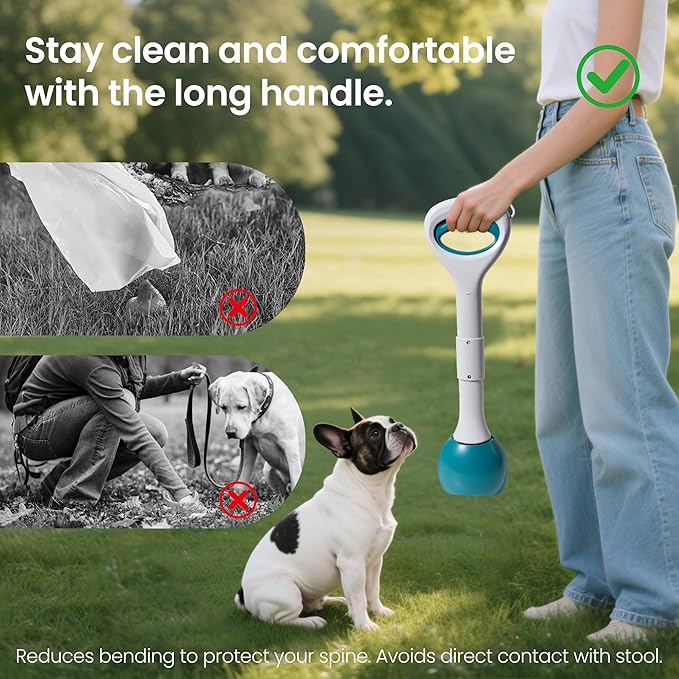Dog Pooper Scooper Portable with Bag Attachment, One Handed Foldable Design, Includes 120 Waste Bags and Dispenser, 19 Inch Handle for Grass Yard Gravel Cleanup (Green)