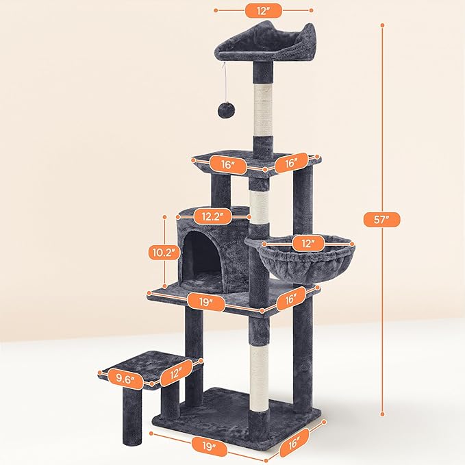 Yaheetech 57in Multi-Level Cat Tree Tower with Extended Platform, Padded Perch, Scratching Posts, and Ball — Indoor Activity Center for Large Cats