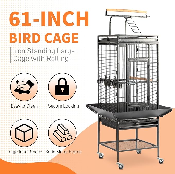 VINGLI Bird Cage with Rolling Stand for Parrots, Cockatiels, Budgies, Lovebirds, Small/Medium Birds (62“H with Play Top)