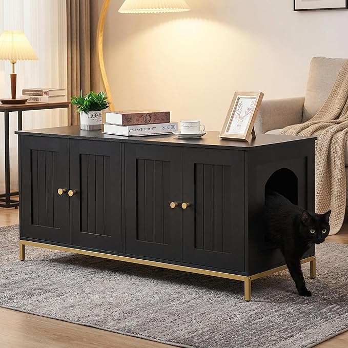 Homhedy Cat Litter Box Enclosure for 2 Cats, Cat Washroom Furniture with Double Room, Pet House with Metal Frame, 47.2”L x 17.7”W x 21.7”H, Black and Gold