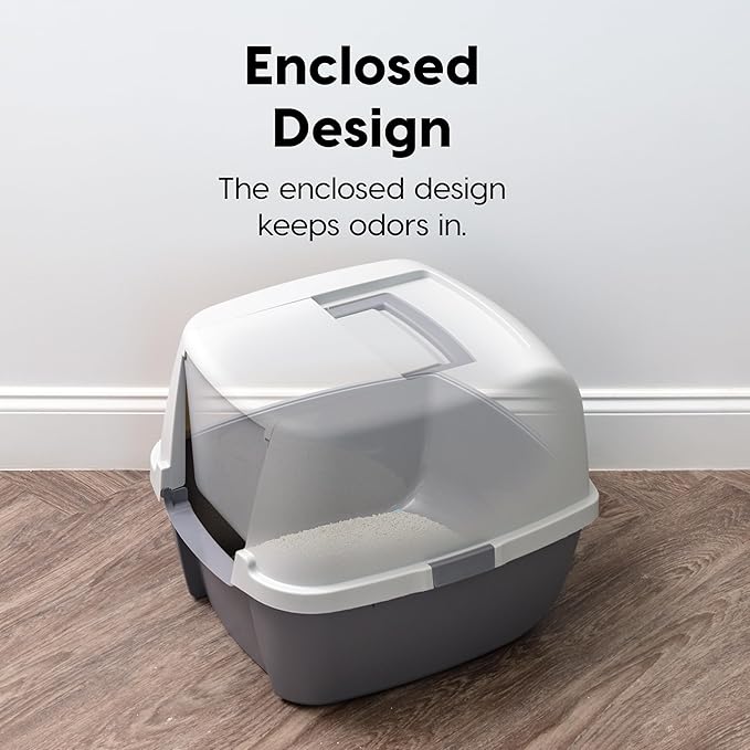 IRIS USA Cat Litter Box, Large Litter Box Enclosure with Front Door Flap and Scoop, Covered Kitty Litter Box with Handle and Buckles for Portability and Privacy, Gray