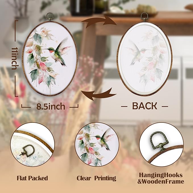DILSJ Hummingbird Botanical Oval Wall Art Decor, Farmhouse Green Hummingbird Canvas Wall Art Framed, Watercolor Bird Hanging Decorations for Home Living Room Bedroom, 11x8.5 Inch