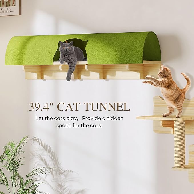 7-in-1 Cat Wall Shelves and Perches, Floating Cat Shelves Set, Solid Wood Wall Cat Furniture(Set of 7), Cats Climbing Shelves with Bed, Steps, Scratching Post and Tunnel