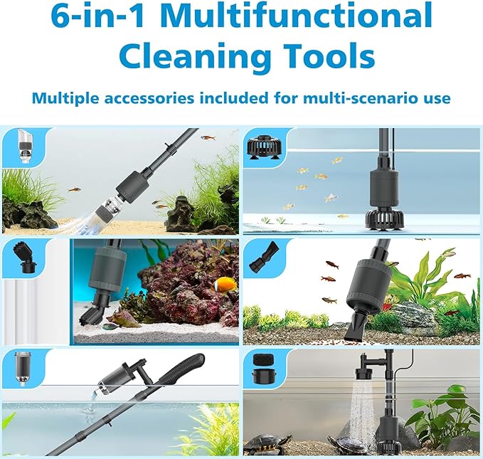 fishkeeper Electric Aquarium Vacuum Gravel Cleaner, 25W 6 in 1 Multifunction Fish Tank Cleaner Kit Gravel Vacuum for Fish Tank Adjustable Flow for Automatic Wash Sand & Water Changer