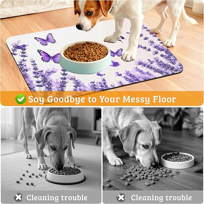 Pet Feeding Mat,Lavender Butterfly Absorbent Dog Cat Food Mat Purple Dog Mat with Rubber Backing,Non-Slip Water Bowl Placemat,Pet Supplies 16" x 24"