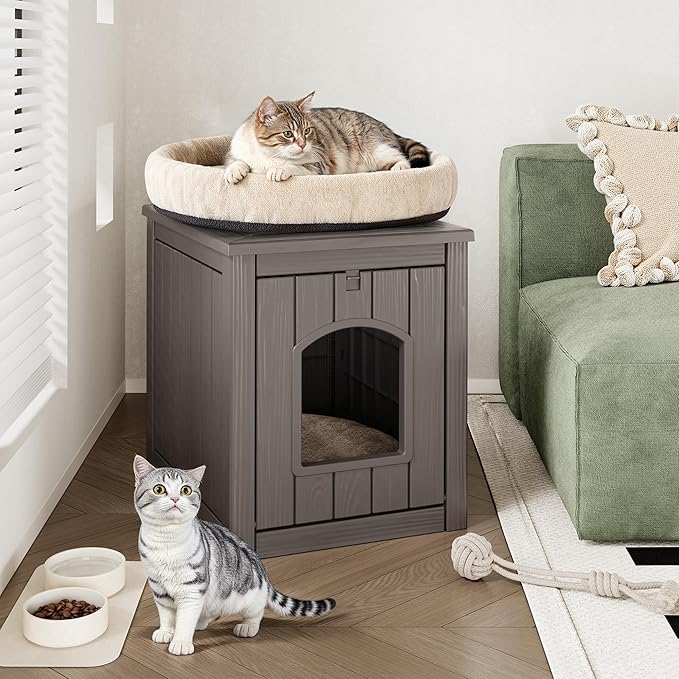 Cat Litter Box Enclosure, Plastic Hidden Litter Box Side Table with Openable Front Door, Waterproof & Weatherproof Cat House for Indoor & Outdoor Use (Gray)