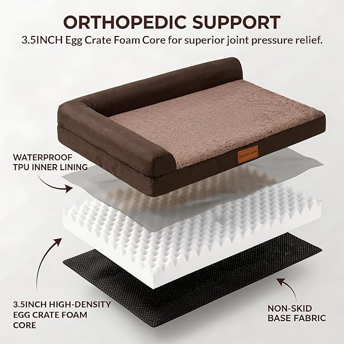 Patas Lague Orthopedic Dog Bed Medium Size Dog 30''X20'', Waterproof L Bolster Medium Pet Sofa Beds with Removable Washable Cover, Soft Comfortable Pet Couch Crate Mat with Nonskid Bottom, Brown