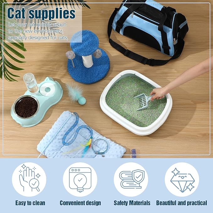 Eccliy Kitten Starter Kit, 10 Pcs Cat Starter Kit for Indoor Cats Kitten Essentials Includes Litter Box, Pet Toy, Folding Carrier, Climbing Frame, Mat, Collar, Automatic Food Bow(Classic,Blue)
