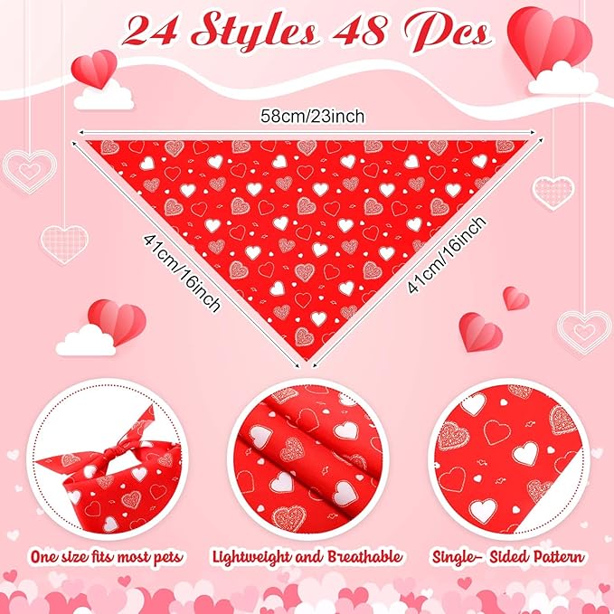 Sanwuta 48 Pcs Valentine's Day Dog Bandanas Bulk Valentines Dog Bandanas Adjustable Colorful Heart Scarf Red Pink Bib Accessories for Small Medium Large Breeds Pet Costume Accessories