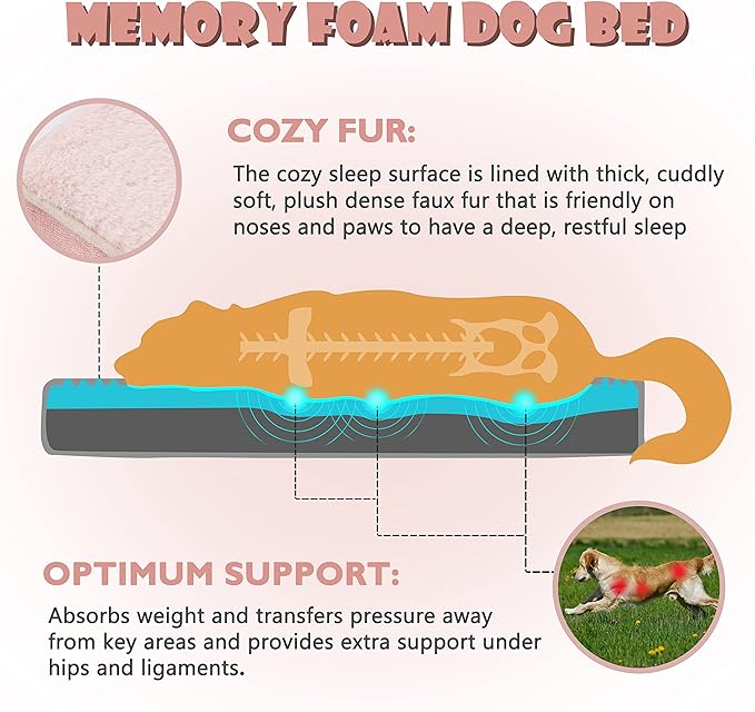 Memory Foam Orthopedic Large Dog Bed, Washable Dog Bed for Crate with Cooling Gel Mattress, Waterproof Liner and Plush Removable Cover for Extra Large Dogs (Pink)