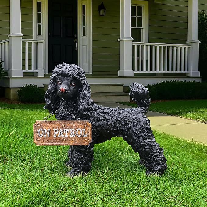 Poodle Statue Outdoor Decorations – Outdoor Dog Statue Standing Black Poodle with Removable Solar Light & Welcome Sign for Garden Décor