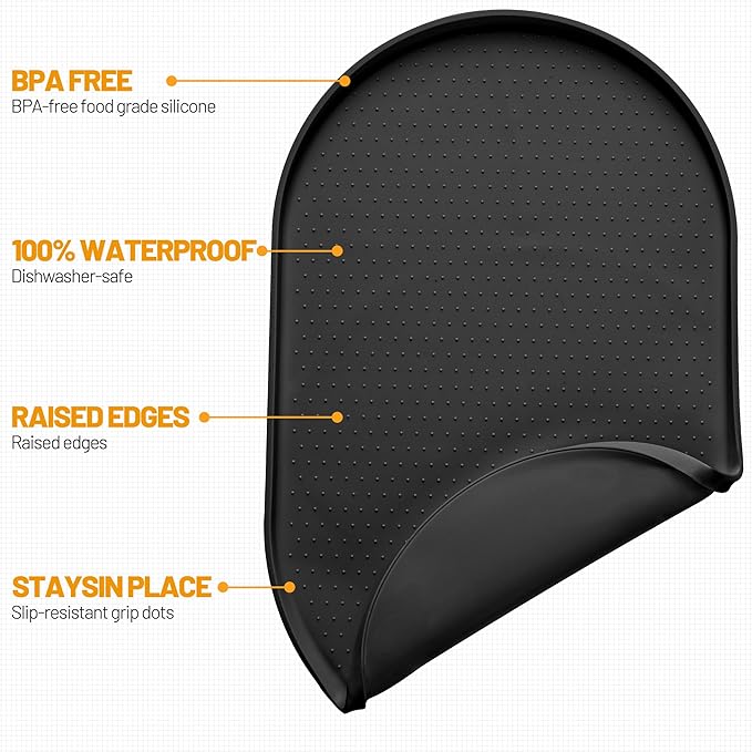 Hubulk 100% Waterproof Silicone Pet Feeding Mat with Raised Edge for Food and Water, Dog Bowl Mats, Cat Bowls Placemat with High Lip Protects Floor for Cats and Dogs (Black, 19" L x 12" W)