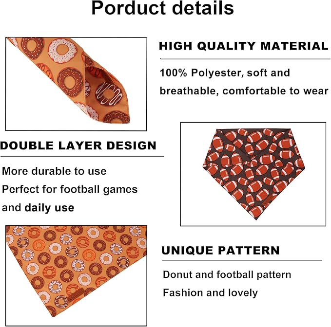 ADOGGYGO Dog Bandanas Boy Girl, Reversible Football Donuts Pet Scarf, Premium Fabric, Adjustable Fit Brown Football Bandanas for Medium Large Dogs (Large)