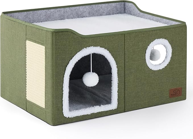 Bedsure Large Cat Beds for Indoor Cats - Extra Wide Cat Cube House for Small Pet with Fluffy Ball Hanging and Scratch Pad, Foldable Pet Cave Hideaway for Multiple Cats, 23.6x16.9x13 inches