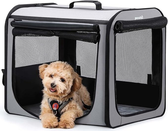 Dog Car Carrier Light Weight 24×17.7×20.5in, Dog Carrier Easy to Assemble, Dog Car Crate Portable and Breathable, Foldable Pet Carrier for Indoor and Outdoor, Dog Travel Crate with Curtain Gray