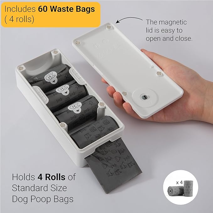 SVD.PET Dog Poop Bag Dispenser with 60 Bags, Wall Mount Waste Bag dispenser, Holds 4 Rolls of Waste Bags, Indoor/Outdoor Wall mount or Place on Table(White, Dispenser + Bags)
