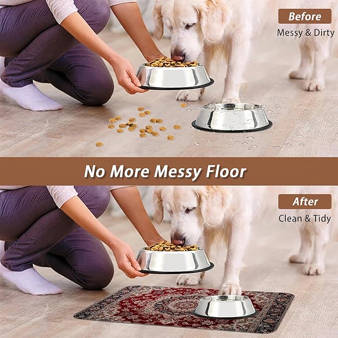 Vintage Carpet Boho Pet Feeding Mat,Absorbent Quick-Dry Cat Dog Food and Water Bowl Mats,Non-Slip Rubber Backing Mat,Cat Dog Accessories Supplies 16"x24"