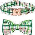 Elegant Little Tail Dog Collar with Pink & Green Plaid Bow - Cute Bowtie, Adjustable X-Small Puppy & Cat Collar