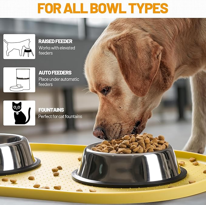 Hubulk 100% Waterproof Silicone Pet Feeding Mat with Raised Edge for Food and Water, Dog Bowl Mats, Cat Bowls Placemat with High Lip Protects Floor for Cats and Dogs (Yellow, 24" L x 16" W)