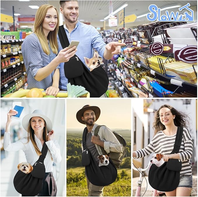 SlowTon Dog Carrier Sling - Thick Padded Shoulder Strap Adjustable Dog Carriers for Small Dogs, Puppy Carrier Purse for Pet Cat with Front Zipper Pocket Safety Belt Machine Washable (Black Knitted, S)