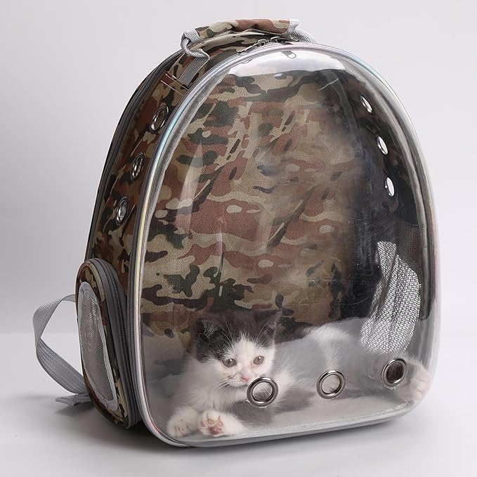 Cat Backpack Carrier Back Expandable Bubble Pet Carrier Backpack for Large Cat, Kitten and Dog, Designed for Hiking, Travelling and Outdoor Use (Back Expandable-Camo)