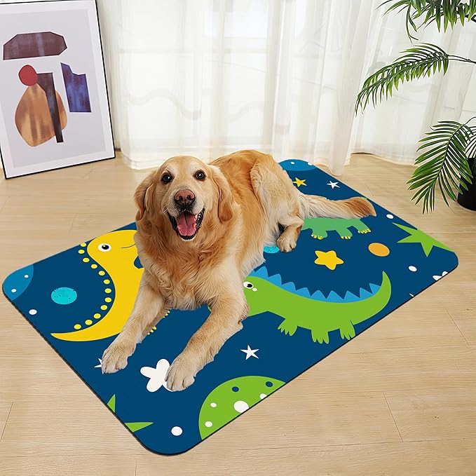 Cartoon Dino Pet Feeding Mat–Christmas Stocking Quick Dry Absorbent Dog Cat Food Mat, Non Slip Waterproof Bowl Placemat for Messy Eaters, Pet Accessories for Floors 12"x20"