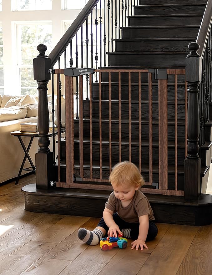 Mom's Choice Award Winner-BABELIO 26-40" Metal Baby Gate with Black Wood Pattern, PressGuard C5 Easy Install Pressure Mounted Dog Gate for Stairs and Doorways, with Wall Protectors and Extension Kits
