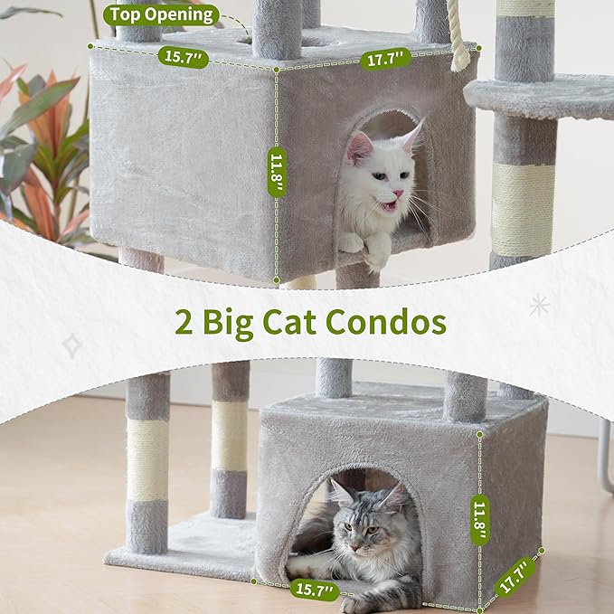 Maine Coon Cat Tree, Heavy Duty Cat Tree for Indoor Cats Large Adult, Cat Tower for Large Cats 20 lbs+ with Hammock, 2 Big Perches, 2 Cat Condos, 15 Scratching Posts, Light Gray GCT033W