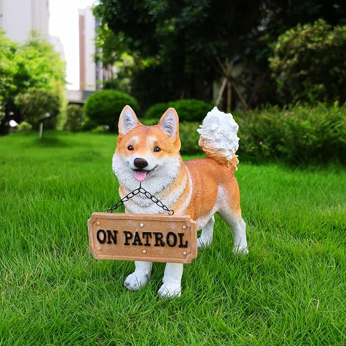 Akita Statue Outdoor Decorations – Dog Statues Outdoor Standing Yellow Akita with Replaceable Solar Light & Welcome Sign for Porch Décor