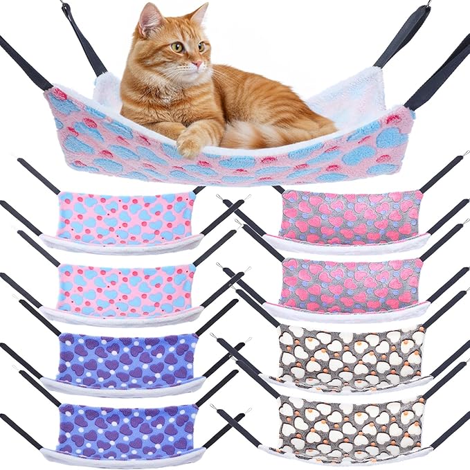 8 Pcs Reversible Cat Hammock Plush Ferret Hammock Hanging Bed with Straps and Metal Hooks Cage Accessories for Indoor Kitten Puppy Rabbits Feral Animals Rehab and Shelters(Heart Style)