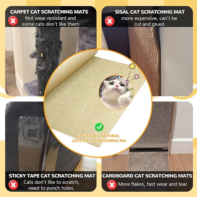 Jute 78.7"x15.8" Trimmable Cat Scratching Mat for Furniture Protector,Versatile Self-Adhesive Anti Cat Scratch Pad for Couch Protection&Cat Scratcher Tree/Post/Wall/Board/Twine Replacement