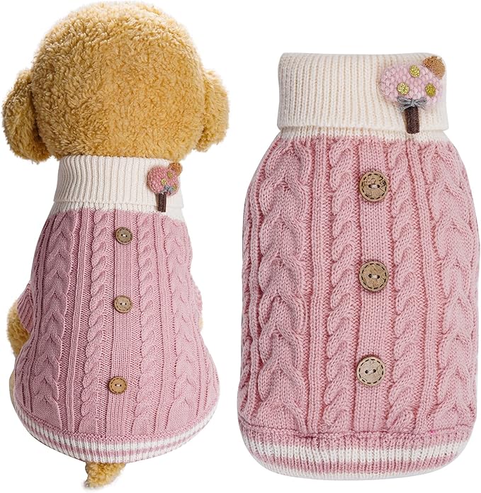 Dog Sweater Turtleneck Knitwear Doggie Pullover Sweater Doggy Winter Coat Warm Pet Clothes Puppy Holiday Clothing Buttons Knitted Outfits for Small Cats Dogs Cold Weather (Small)