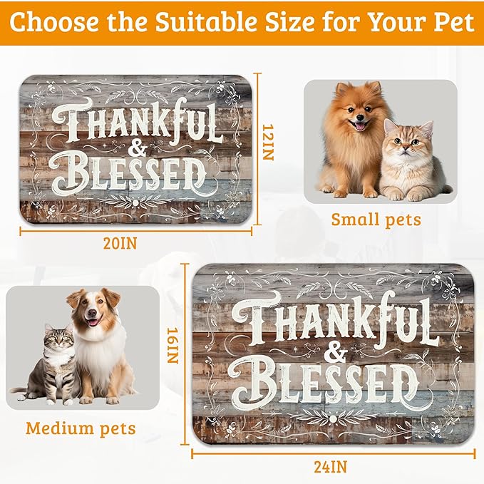 Thankful Feeding Mat,Blessed Absorbent Quick-Dry Cat Dog Food and Water Bowl Mats,Non-Slip Rubber Backing Mat,Cat Dog Accessories Supplies 16" x 24"