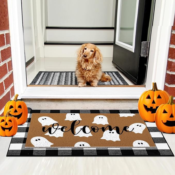 Tinideya 2 Pcs Door Mat Welcome Non Slip Coir Mats Floor Layering Doormats Seasonal for Front Porch Entryway Decor(Plaid Ghost)
