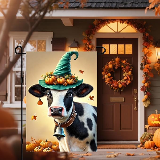 Happy Fall Garden Flag Halloween Flag Cute Cow Calf 12x18 Inch Witch Hat Pumpkins Autumn Leaves Festive Double Sided Outdoor Banner For Front Yard Porch Lawn Patio Seasonal Home Decor