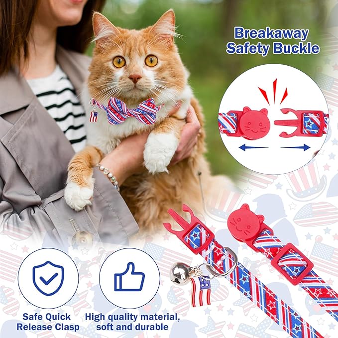 American Flag Cat Collar with Bell Bow Tie Star Breakaway for 4th of July Independence Day, Adjustable Safety Kitten Collars with Removable Bowtie & Charm for Boys Girls Male Female Cats
