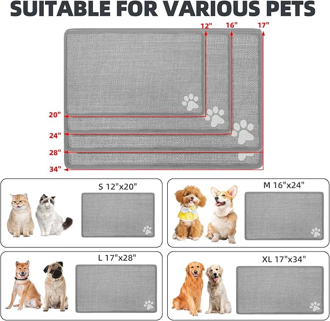 PUPTECK Dog Food Mat, Absorbent Pet Cat Feeding Mat for Food and Water Bowls, Anti-Slip Dog Placemat for Floors Waterproof, Pet Supplies Accessories, Grey Paw M