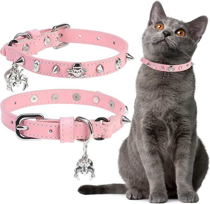 EXPAWLORER Cat Collar for Girl Boy Cats- Adjustable Leather Pet Collar with Safety Elastic Belt,Personalized Punk Accessories Buckle Collars with Bell & Durable D-Ring,Skull & Rivet（Pink）