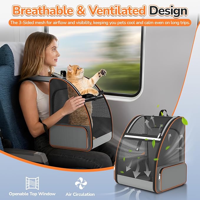 Cat Backpack Carrier Expandable for Outdoor - Foldable Cat Backpack with Breathable Mesh for Small Dog Puppy Kitten Up to 15 lbs - Soft-Sided Pet Carrier for Travel Hiking Camping (Gray)