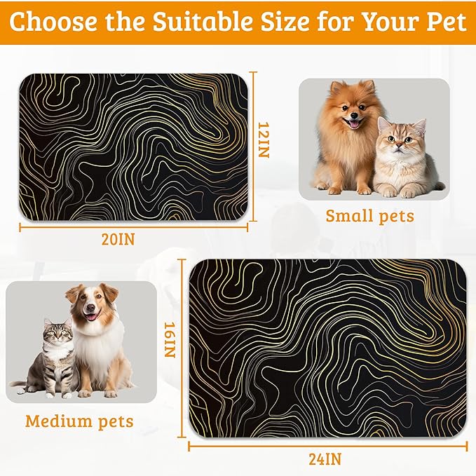 Dog Bowl Mat,Abstract Map Pet Feeding Mat for Floors Waterproof,Golden Lines Texture Absorbent Dogs Placemat for Food and Water Quick Dry Pet Cat Feeding Mats with Non Slip Bottom 16" x 24"