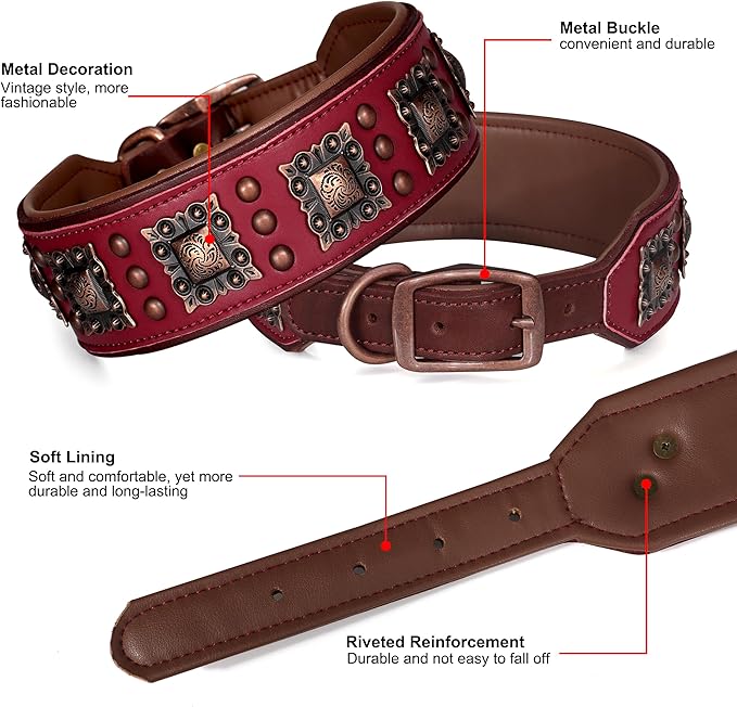 PET ARTIST Genuine Leather Dog Collar for Large Dogs, 2 inch Wide Luxury Dog Collar with Rivet Studded & Metal Buckle, Comfortable & Stylish Pet Collars for Great Dane Rottweiler,Red,Neck 22-25"
