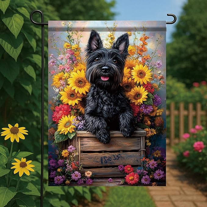 Garden Flag Black Terrier Dog with Sunflowers Floral Crate Yard Banner 12x18 Inch Double Sided Seasonal Spring Summer Outdoor Decoration for Porch Lawn Patio Outside House Dog Lover Gift