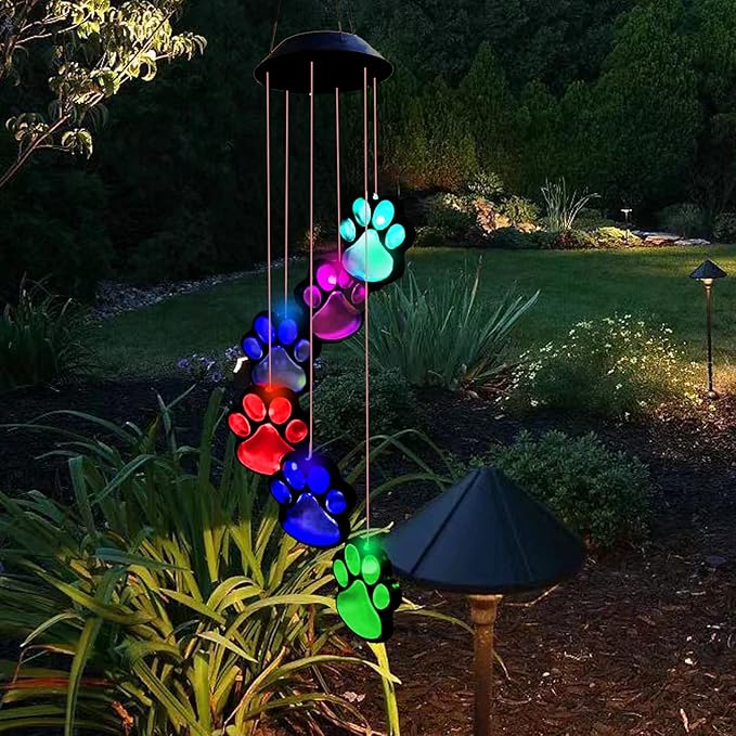 Paw Print Solar Wind Chimes for Outside, Dogs Cat Pet Pawprint Remembrance Wind Chimes,Waterproof Color Changing Solar Hanging Lights,Sympathy Gift for Pet Lover,Balcony,Patio,Yard Decor