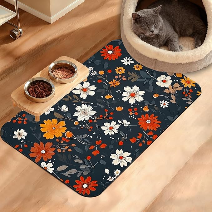 Floral Black Feeding Mat,Absorbent Quick-Dry Cat Dog Food and Water Bowl Mats,Non-Slip Rubber Backing Mat,Cat Dog Accessories Supplies 16" x 24"