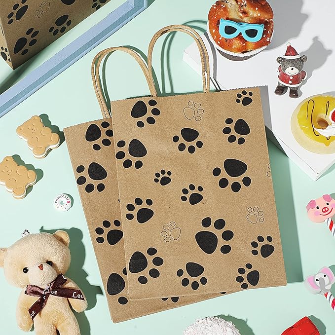Blulu 20 Pcs Puppy Dog Paw Gift Bags with Paper Twist Handles, Dog Gift Paper Paw Treat Goodie Bags for PET Treat Party Favor, 6.3 x 3.1 x 8.6 Inch(Brown Backing)