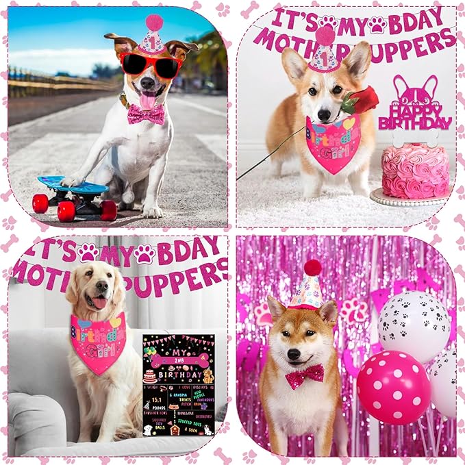 Hot-Pink Dog Birthday Party Supplies Pet Birthday Bandanas Girl Doggy Birthdays Hat Bow Tie Greeting Card Numbers It’s My Bday Mother Puppers Sign Banner for Medium Large Pets