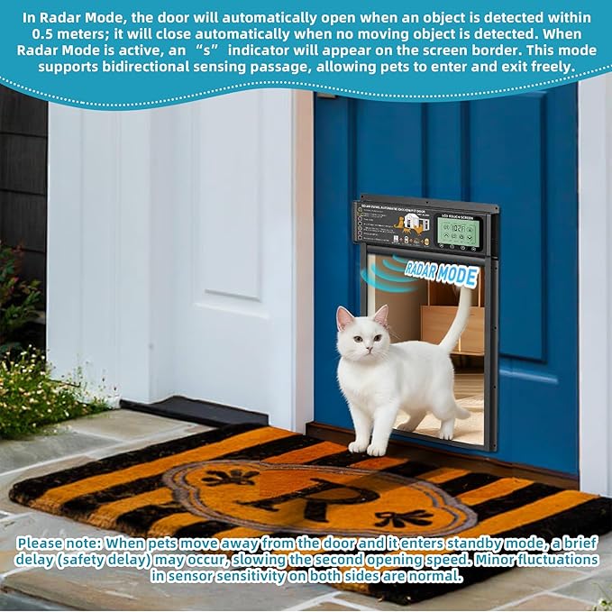 Cat Door, Cat Door Interior Door Radar, Timer & Light Sensor Modes, Solar & USB Pet Door, Durable Aluminum, Weatherproof, No Training, 10"×13", 24/7 Operation for Small Cats Up to 45 lb