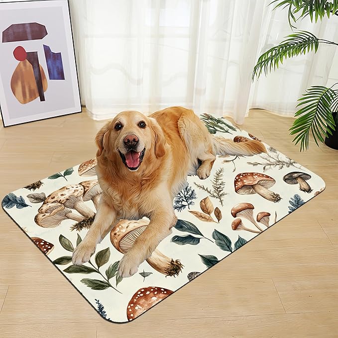 Vintage Mushroom Floral Dog Cat Food Mat–Christmas Stocking Absorbent Waterproof Placemat for Food and Water Bowls, Non Slip Rubber Backing, Feeding Mat for Clean Floors 16"x24"