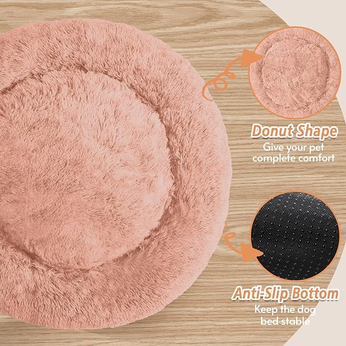 JOLLYVOGUE Calming Dog Bed Medium Size Dog, Anti-Anxiety Donut Medium Pet Bed, 31 inches Fluffy Faux Fur Round Cat Bed, Fits up to 45 lbs Pets (Peach Pink)
